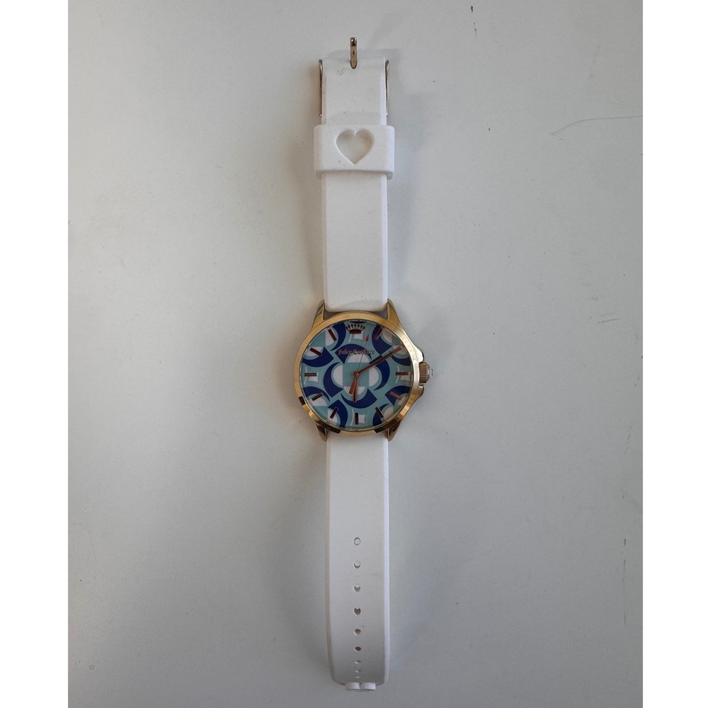 Juicy Couture Gold Tone White Silicone Strap Watch JC.79.3.95.0745 Blue Dial
